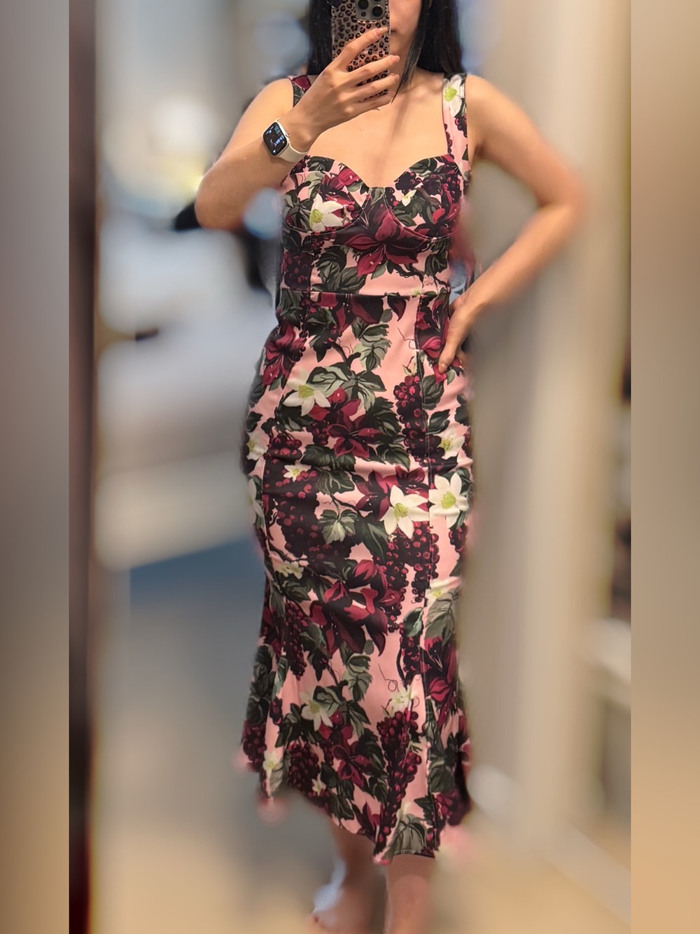 Zara Pink Midi Dress with Burgundy Floral Print